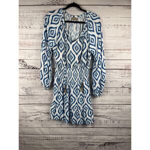 Skemo Dress Womens Medium Blue Geometric Beaded Smocked Boho Long Sleeve Beachy